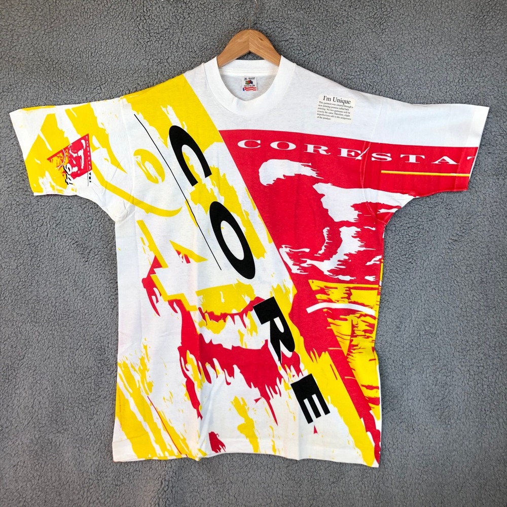Vintage Fruit of the Loom Corestates 1994 T-Shirt XL White Red Yellow Belt Print
